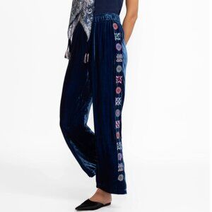 Johnny Was Velvet Wide Leg Embroidered Pants Nikkola in Bellwether Blue XL